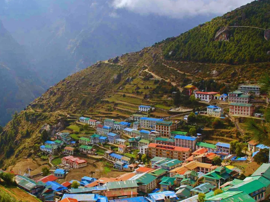 aerial view of beautiful Namche Bazaar on the Everest Base Camp and Gokyo Lakes Trek