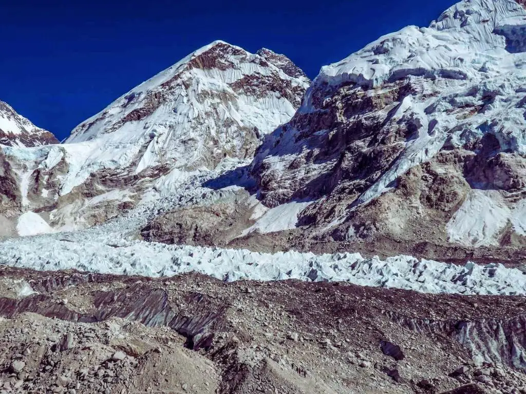 famous Khumbu icefall with Mt. Everest witnessed on the Everest Base Camp and Gokyo Trek