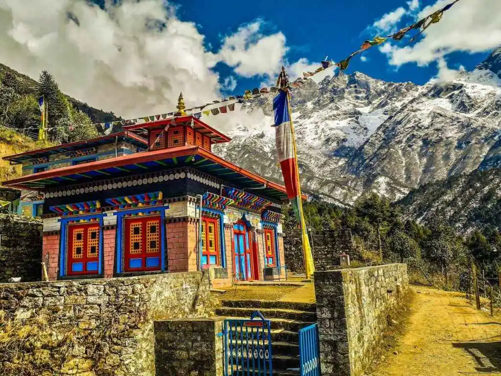 temple with prayer flag in the Himalayas.