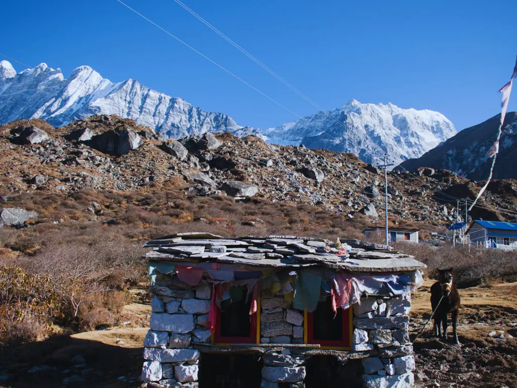 beautiful mountain view from kyanjin gompa in the langatng region