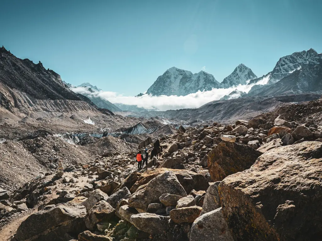trekkers walking along the path of the everest base camp with mountain views