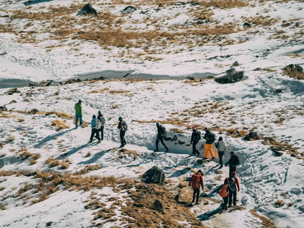 Sherpa guide guiding group of trekkers in the trekking trail. 